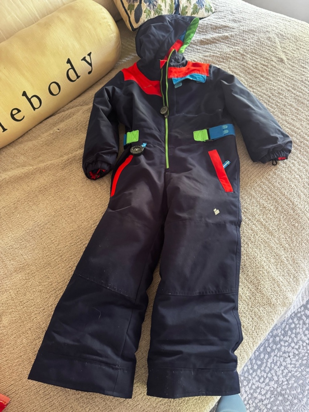 Obermeyer Kids Navy Blue Snowsuit with Red & Green Accents